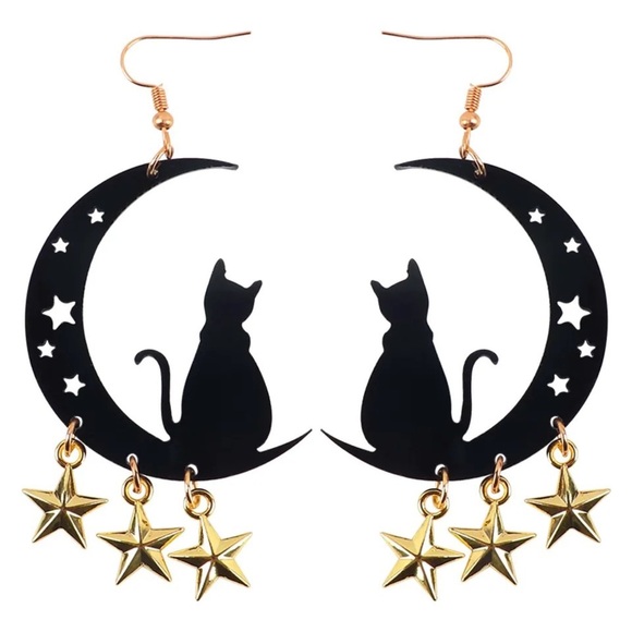Cat Moon & Stars Dangle Earrings - Picture 1 of 6